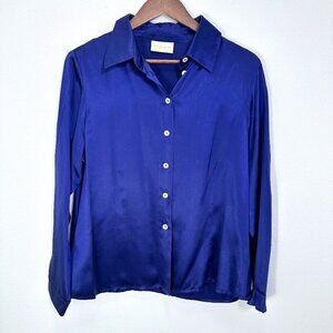 Geiger Collection 100% Silk Dark Blue Purple Button Down Blouse Size 40 Medium
